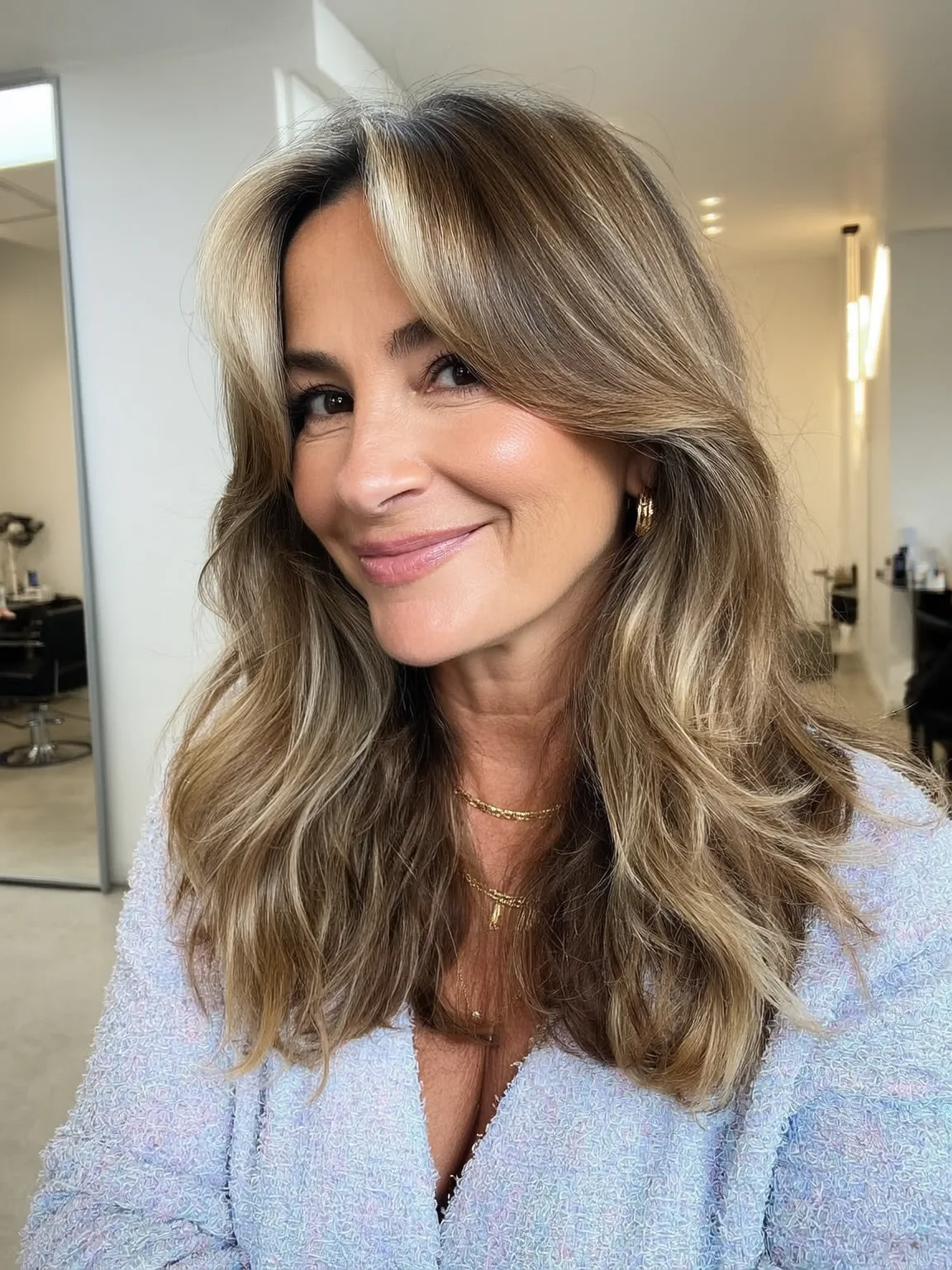 Honey Blonde Balayage Long Voluminous Layers with Curtain Bangs
